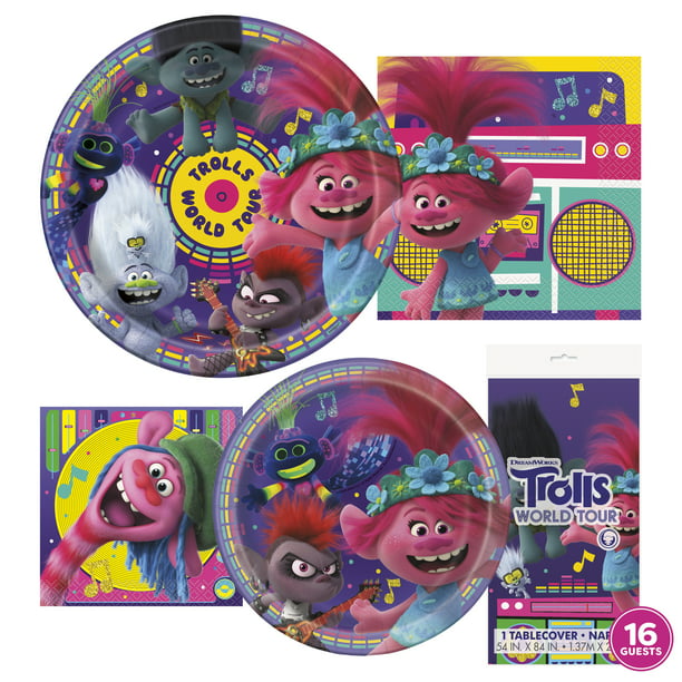 Dinner Plates Luncheon Napkins Cups and Table Cover with Birthday Candles Bundle for 16 Trolls World Tour Party Supplies Pack Serves 16